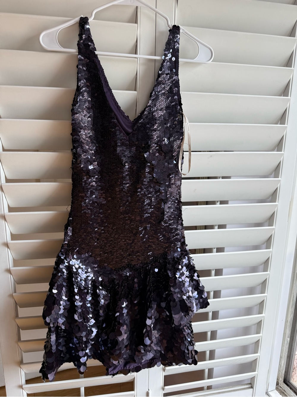Karen Millen Sequin V-Neck Ruffled Hem Mini Dress - Deep Purple sz 4